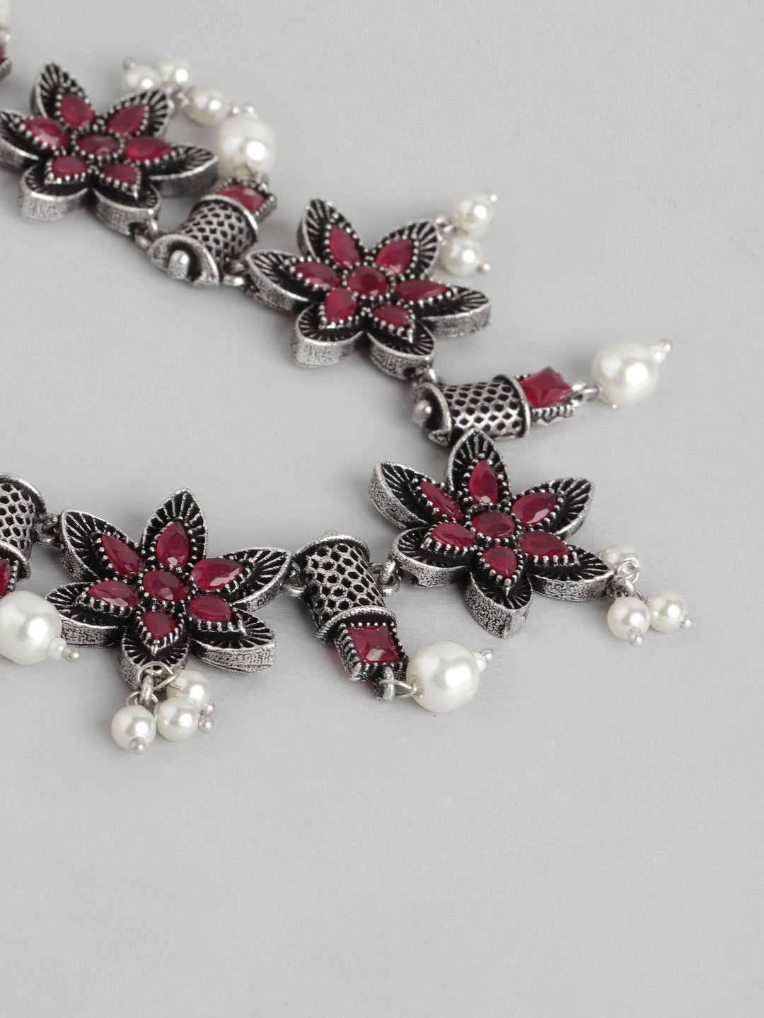 Ishin Women's Oxidised Silver Plated Pink Stone Studded Floral Jewellery Set