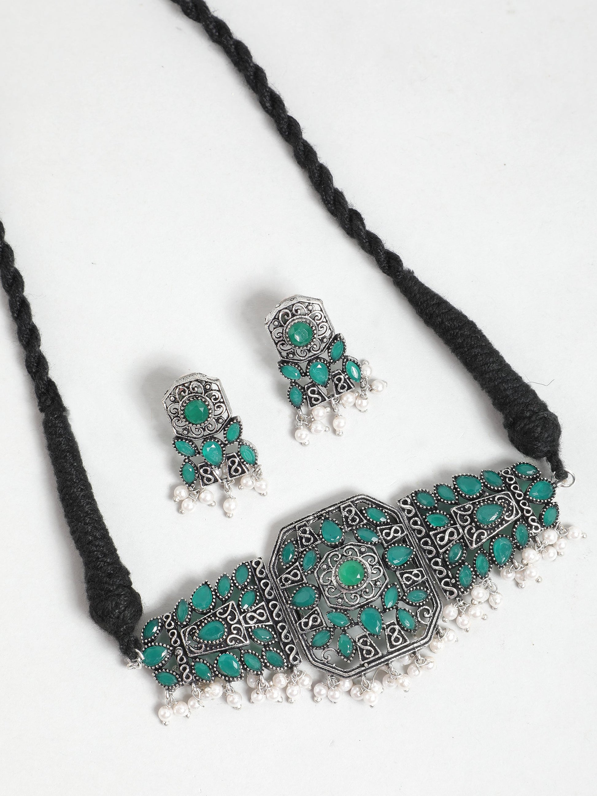 Ishin Women's Oxidised Silver Green Stone Studded Choker Jewellery Set 