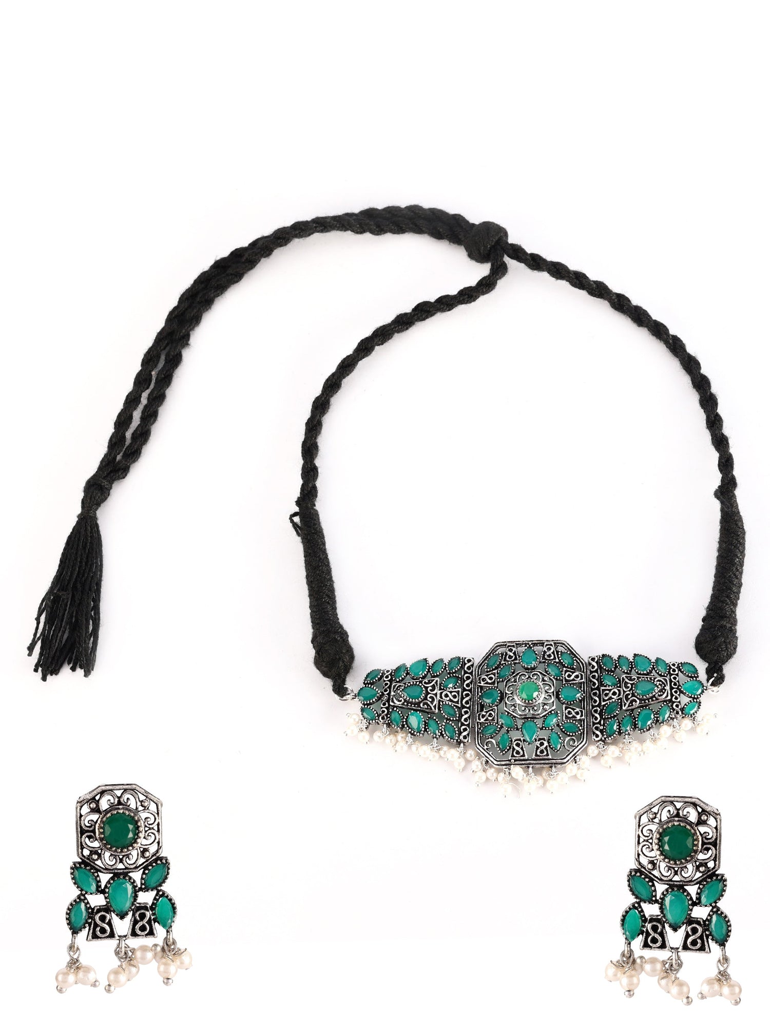 Ishin Women's Oxidised Silver Green Stone Studded Choker Jewellery Set