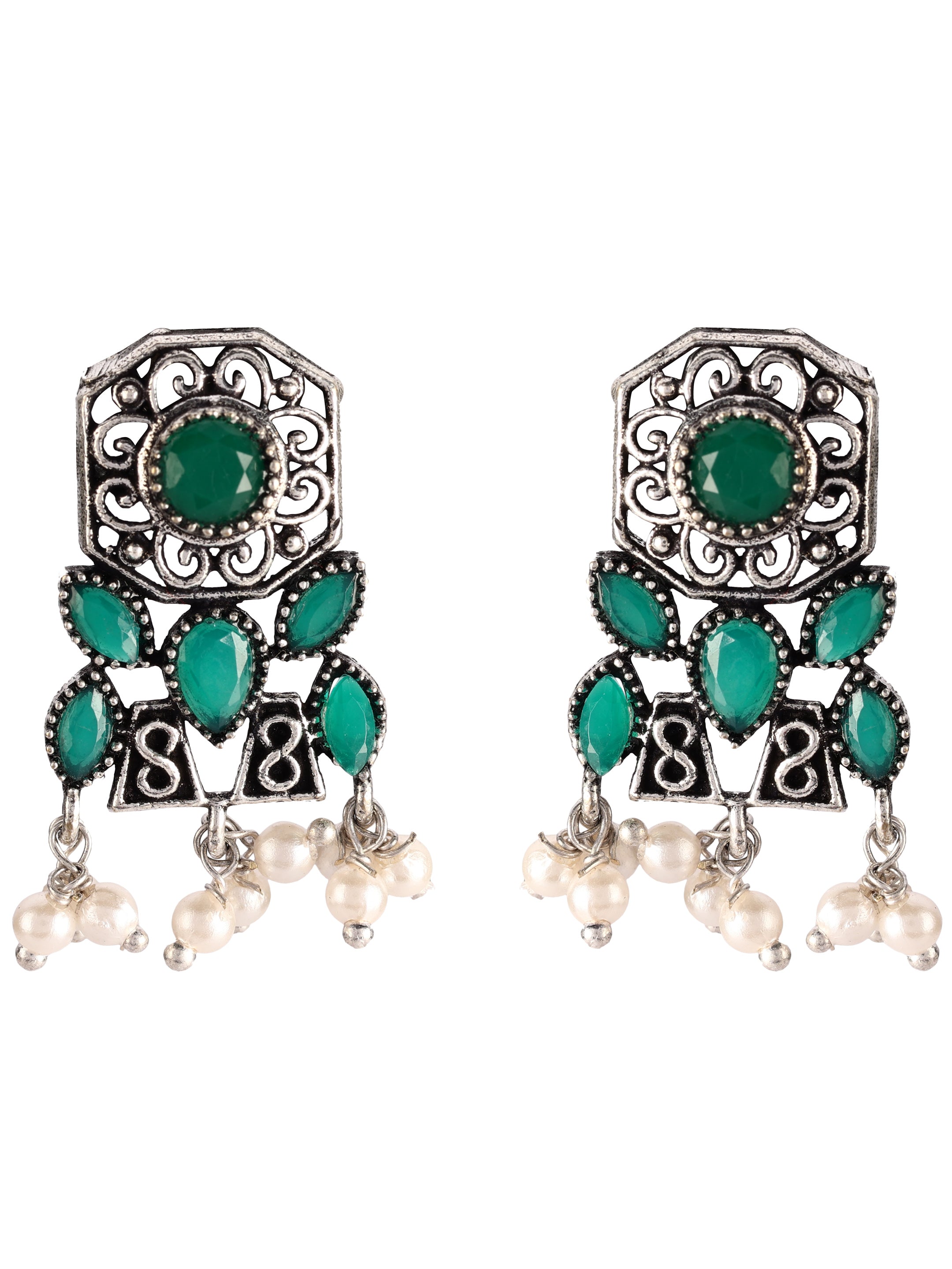 Ishin Women's Oxidised Silver Green Stone Studded Choker Jewellery Set
