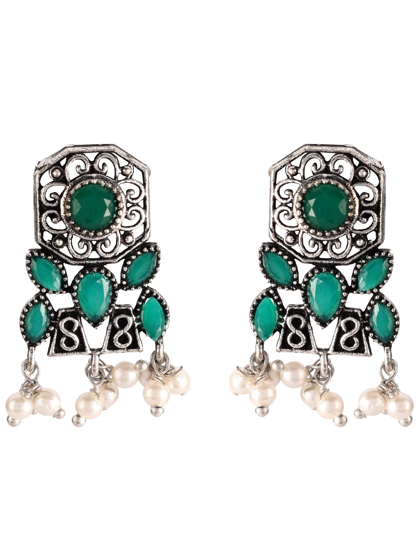 Ishin Women's Oxidised Silver Green Stone Studded Choker Jewellery Set