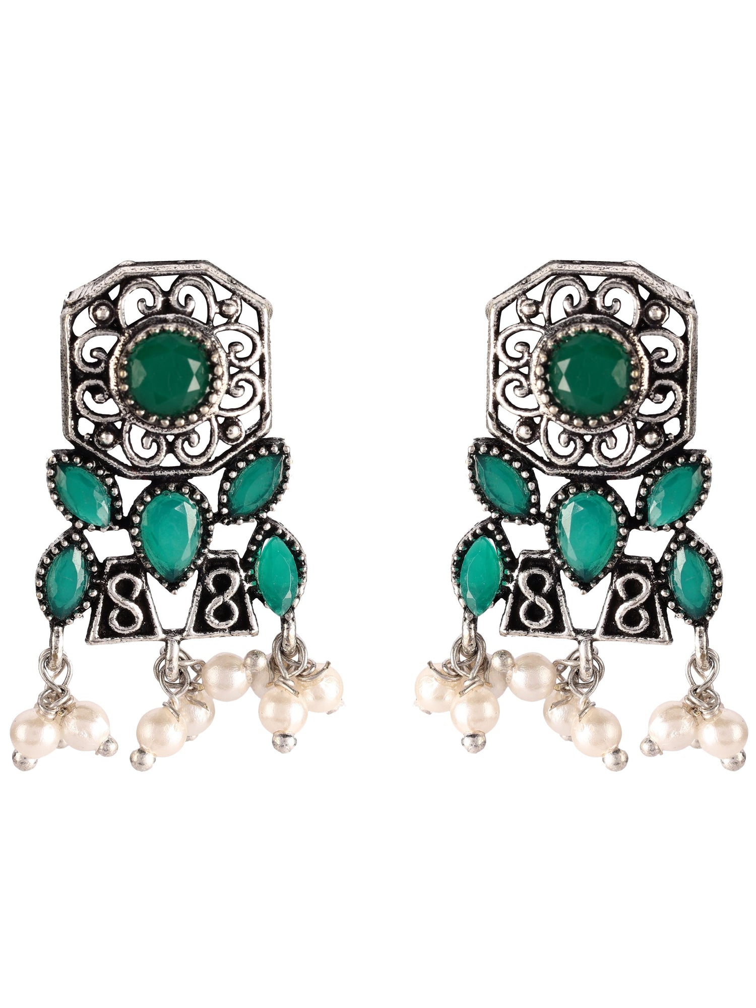 Ishin Women's Oxidised Silver Green Stone Studded Choker Jewellery Set