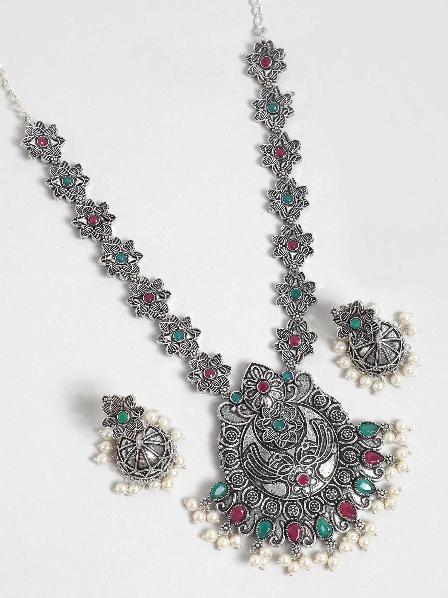 Ishin Women's Oxidised Silver Plated Stone Studded Pearl Jewellery Set 