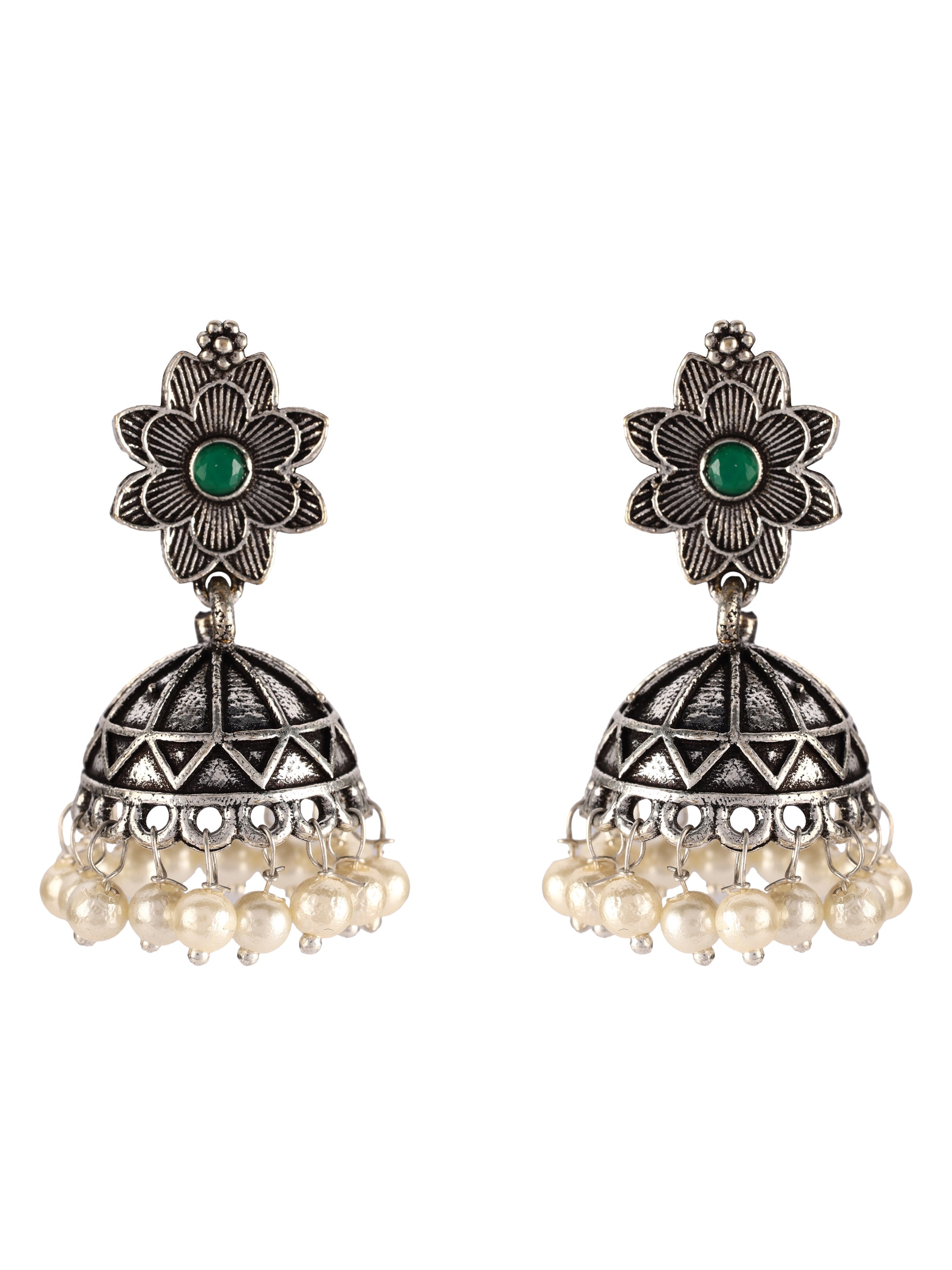 Ishin Women's Oxidised Silver Plated Stone Studded Pearl Jewellery Set