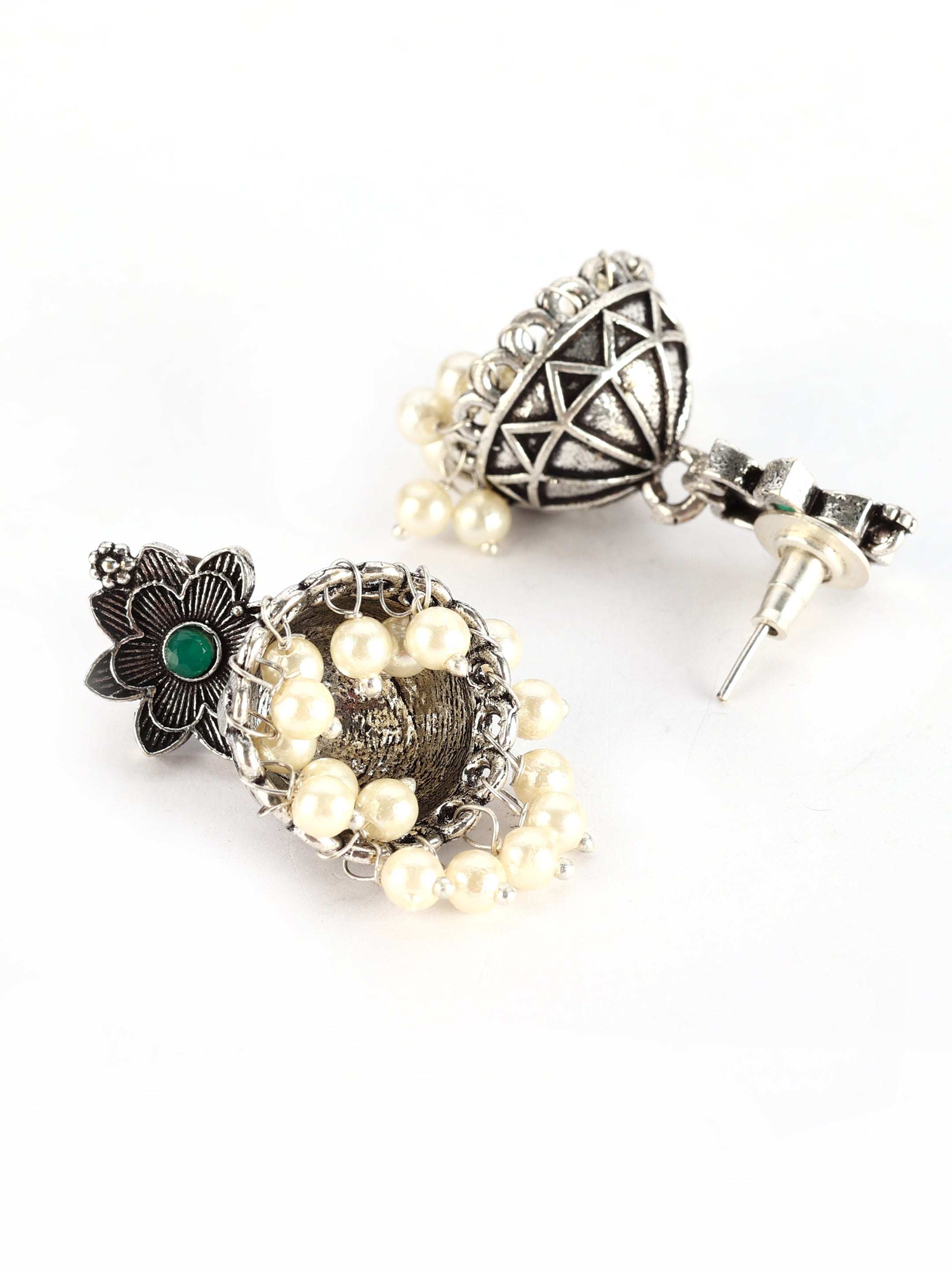 Ishin Women's Oxidised Silver Plated Stone Studded Pearl Jewellery Set