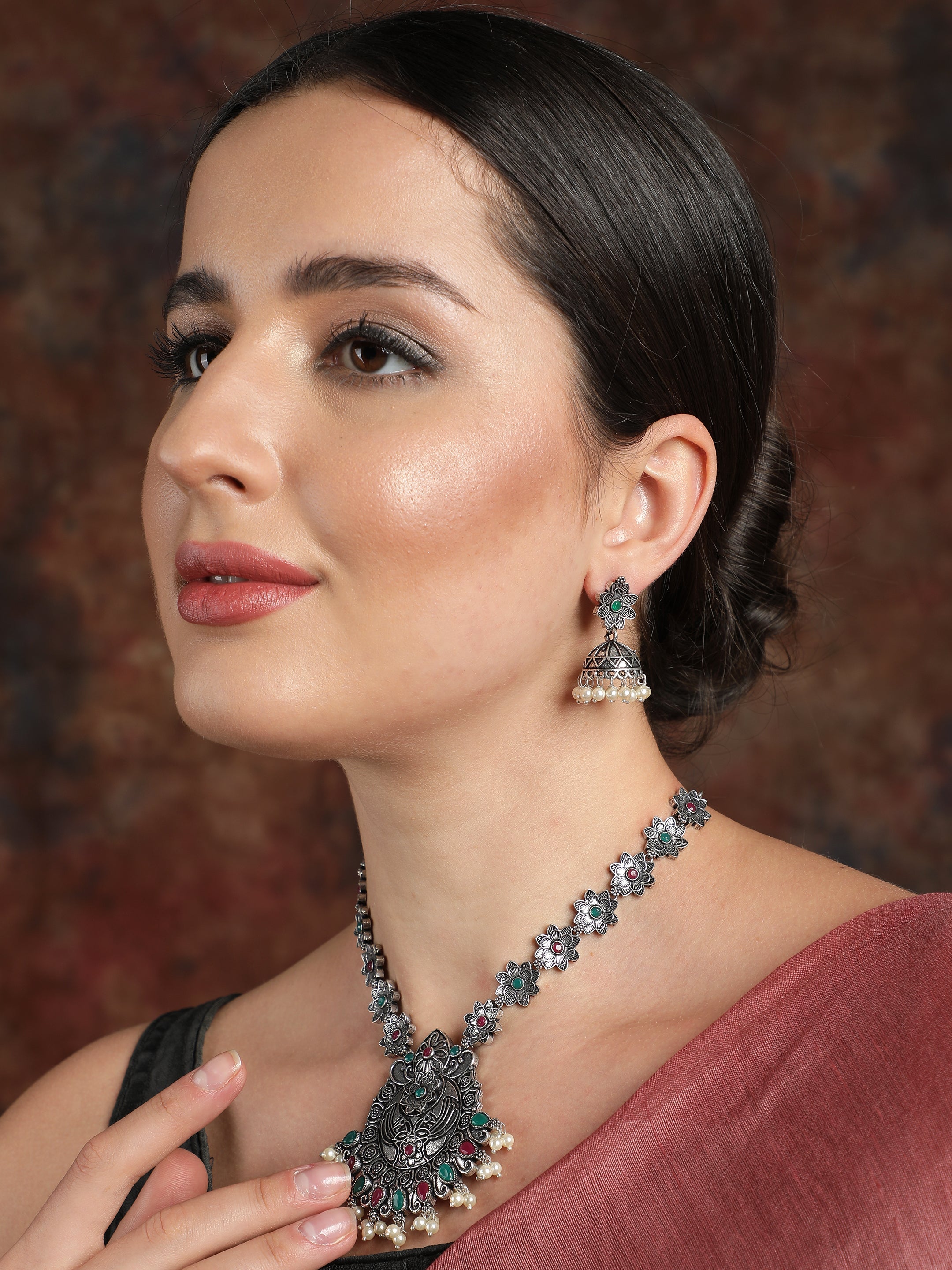 Ishin Women's Oxidised Silver Plated Stone Studded Pearl Jewellery Set