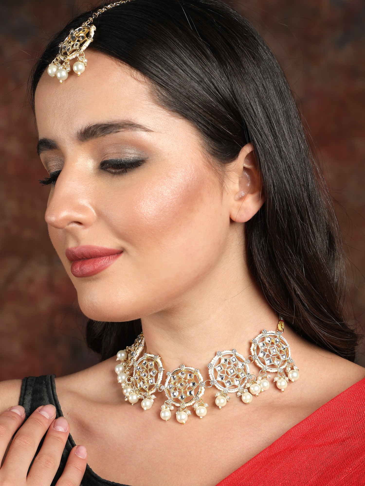 Ishin Women's Gold Plated Pearl Choker Jewellery Set