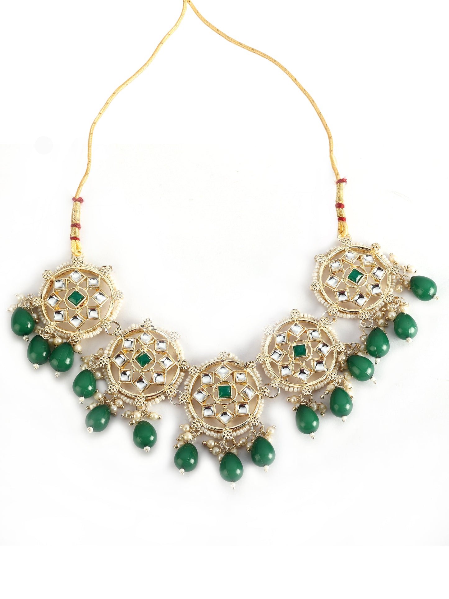 Ishin Women's Gold Plated Green & White Stone Studded Choker Jewellery Set