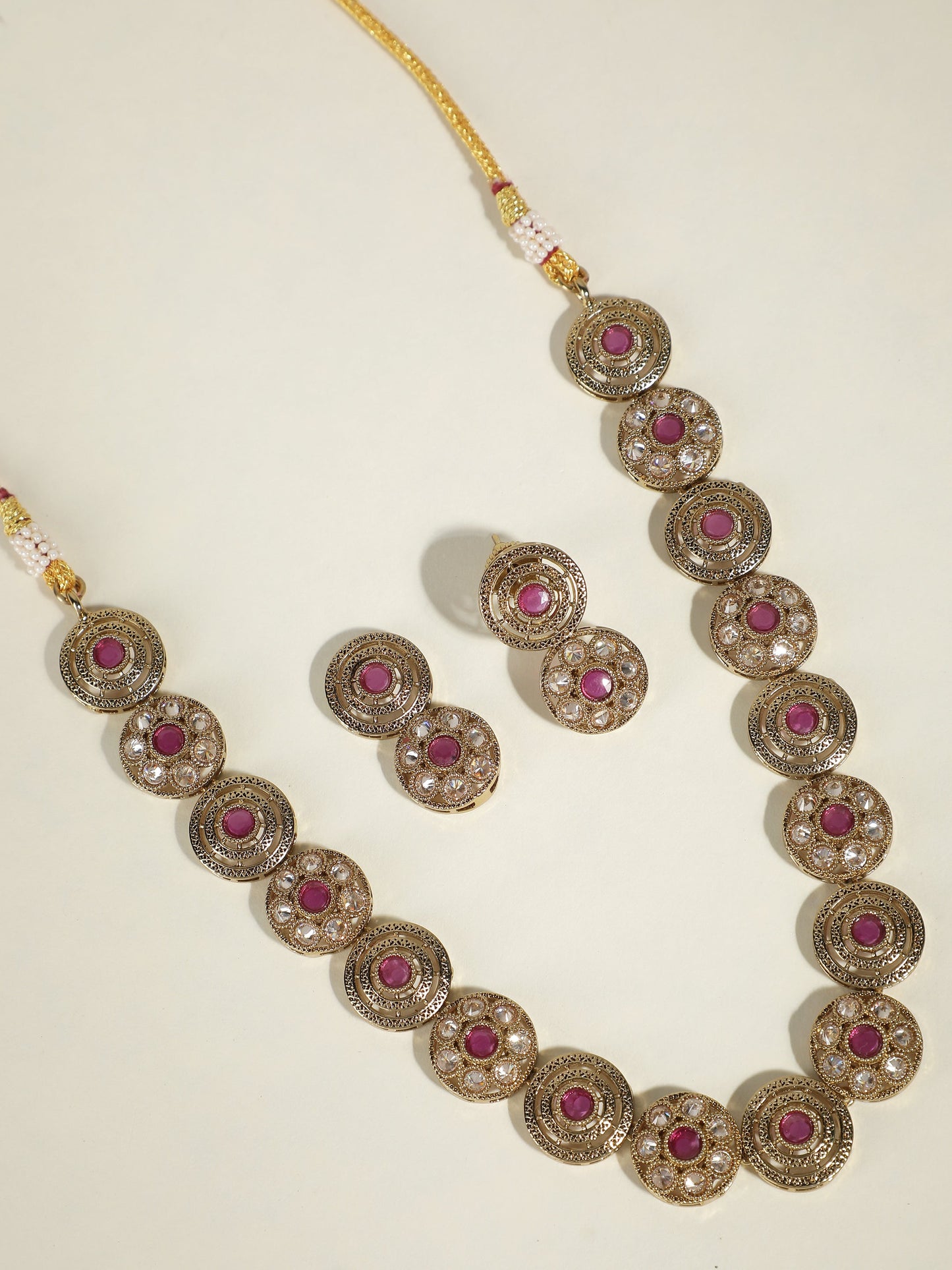 Ishin Women's Gold Plated Pink Stone Studded Choker Jewellery Set 