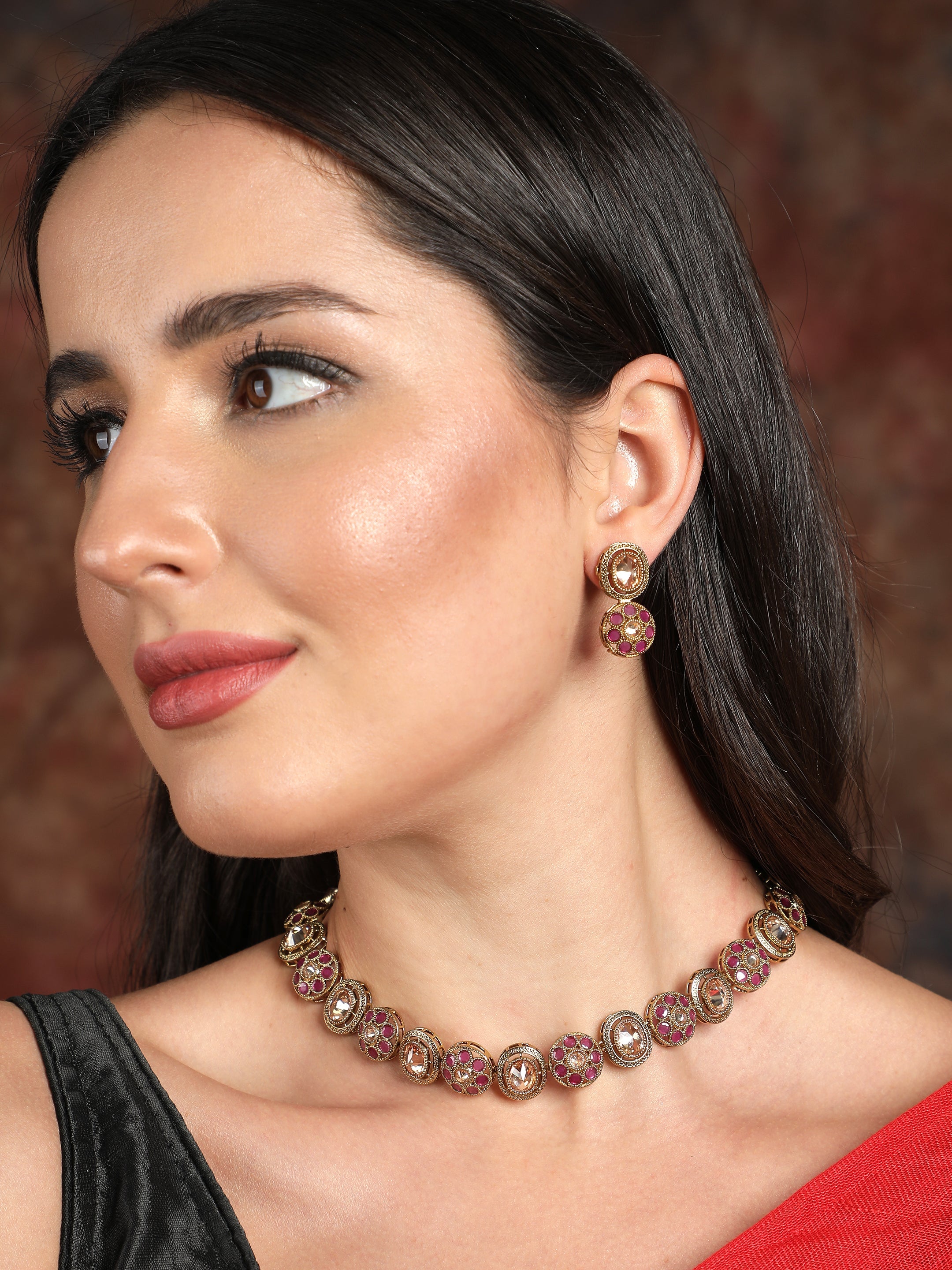 Ishin Women's Gold Plated Pink Stone & Zirconia Choker Jewellery Set