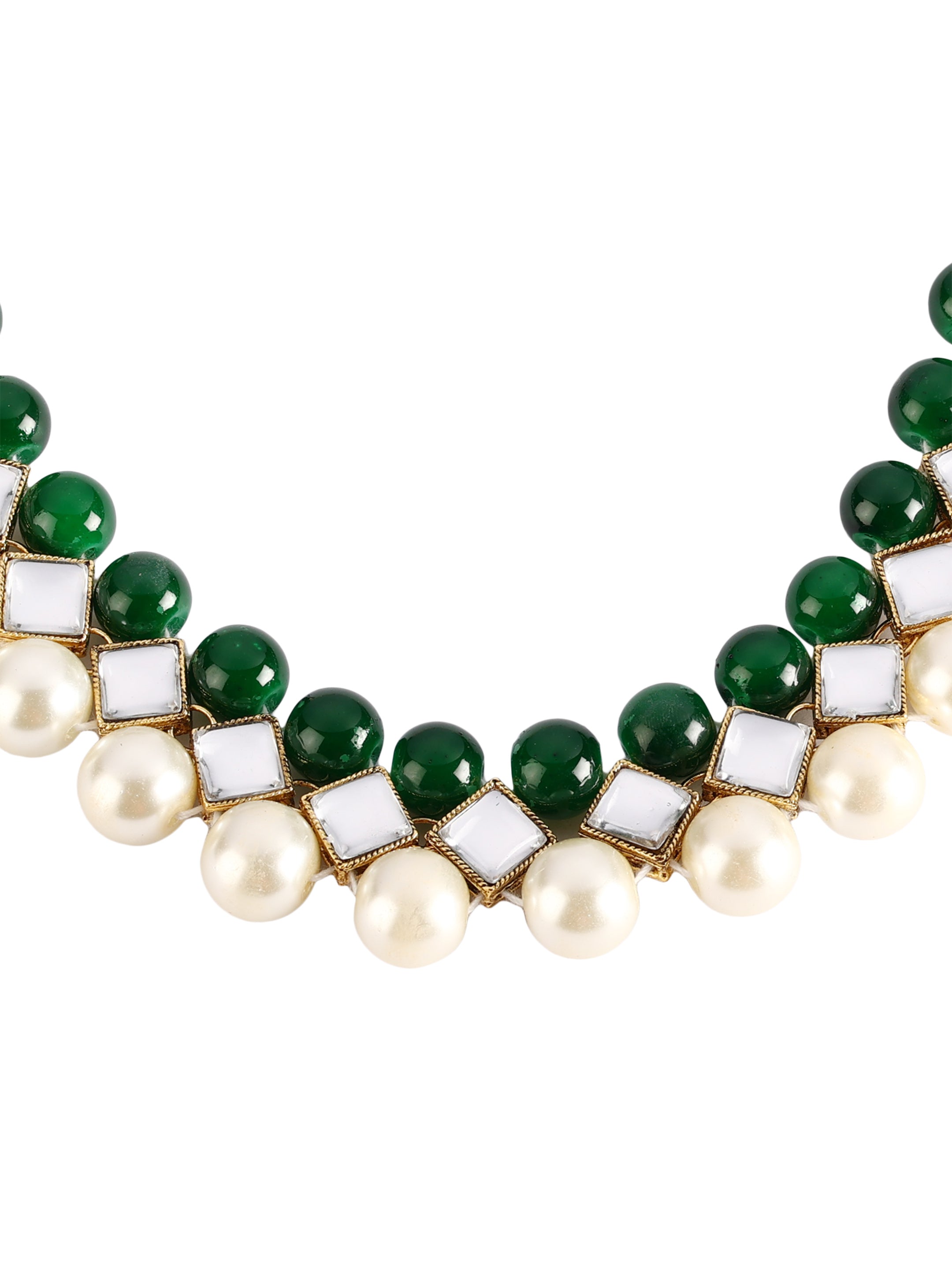 Ishin Women's Gold Toned Kundan Green & White Pearl Jewellery Set