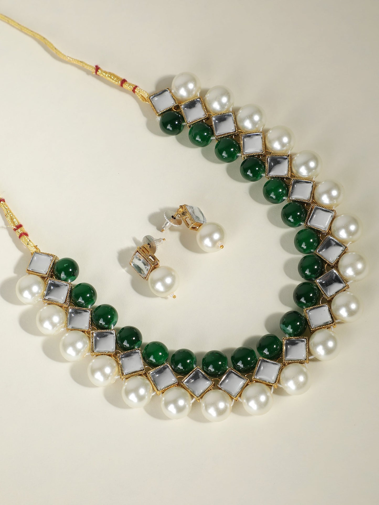 Ishin Women's Gold Toned Kundan Green & White Pearl Jewellery Set 
