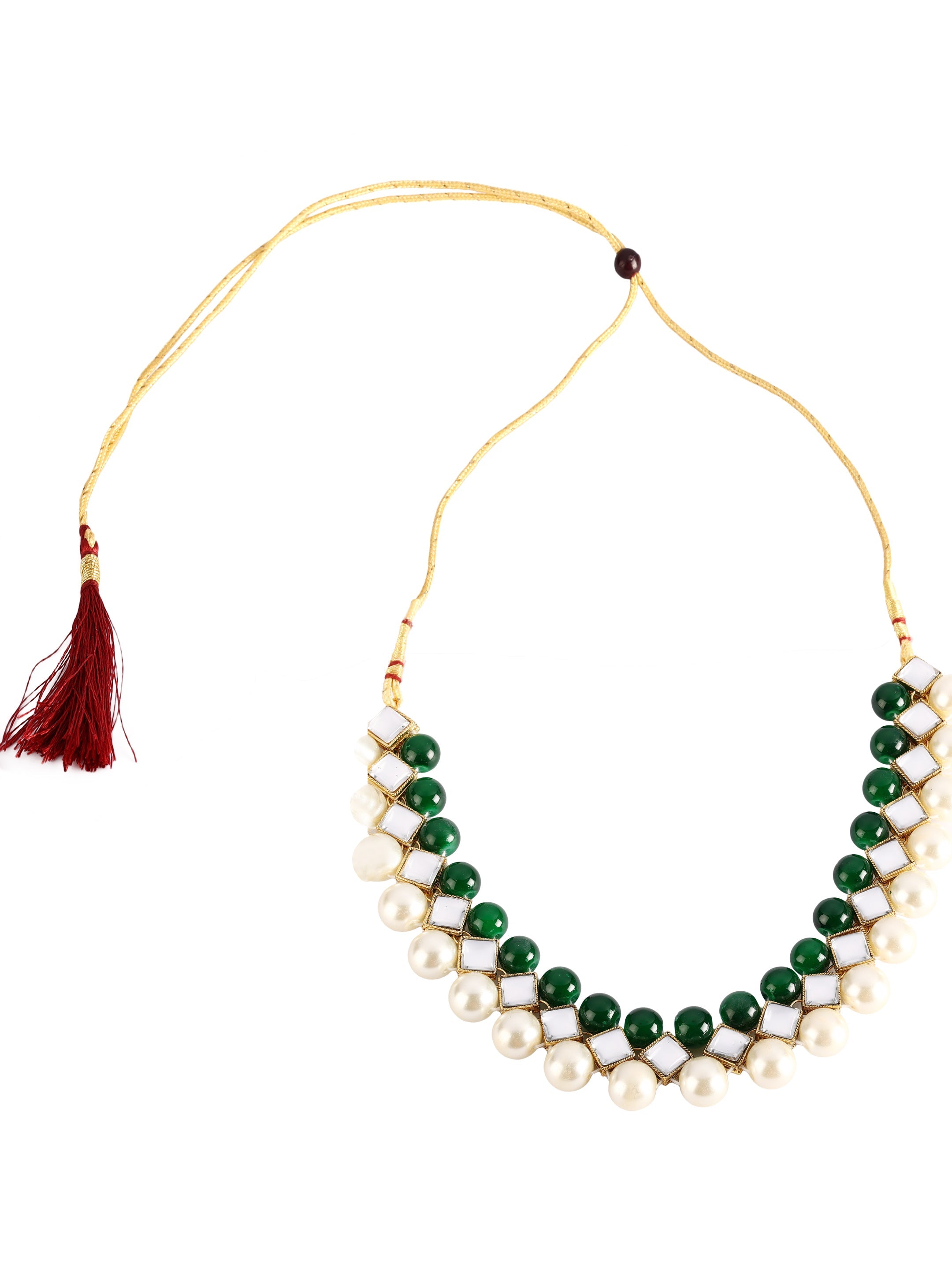 Ishin Women's Gold Toned Kundan Green & White Pearl Jewellery Set