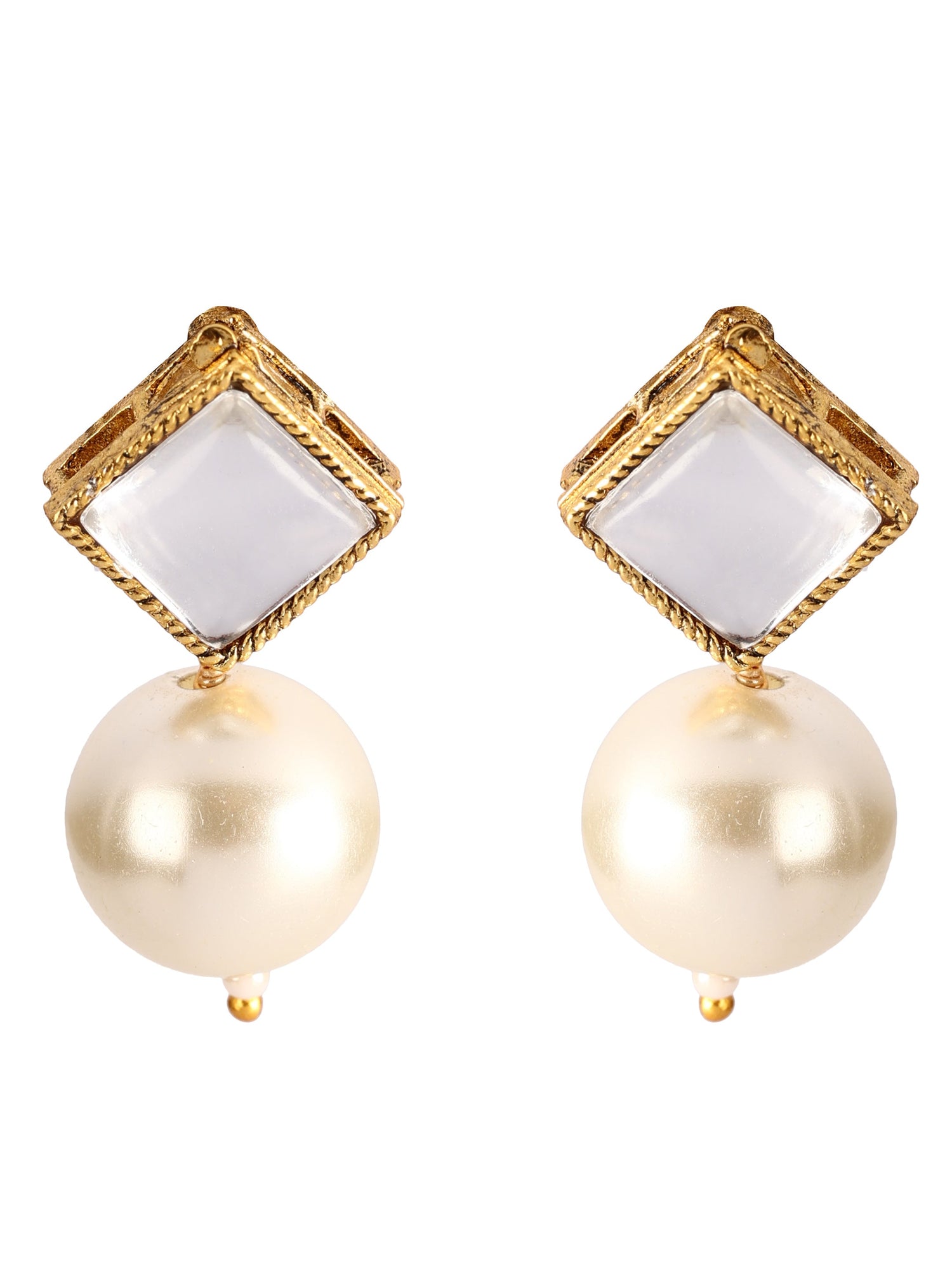 Ishin Women's Gold Toned Kundan Green & White Pearl Jewellery Set
