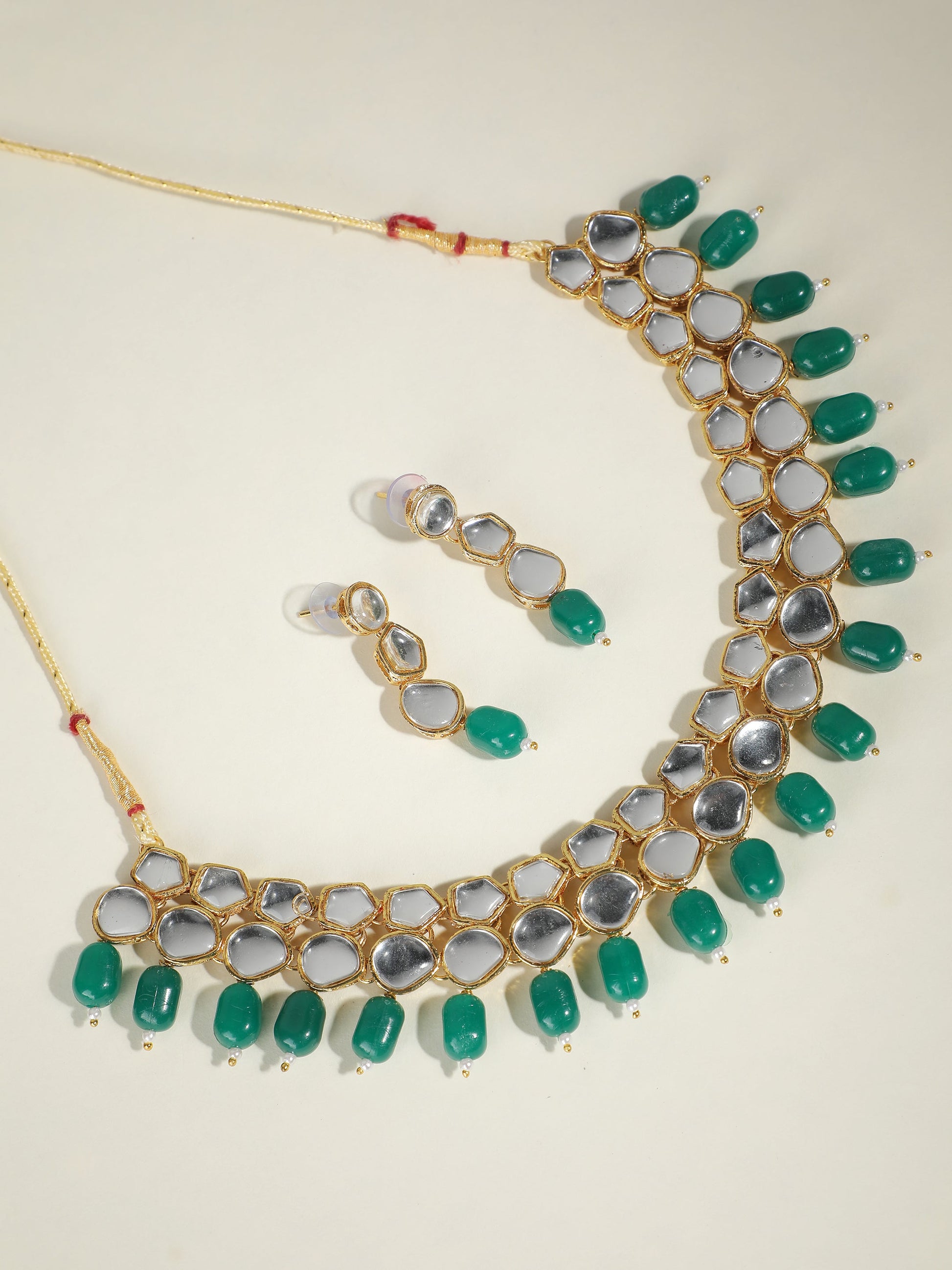 Ishin Women's Gold Toned Kundan Green Beads Choker Jewellery Set 