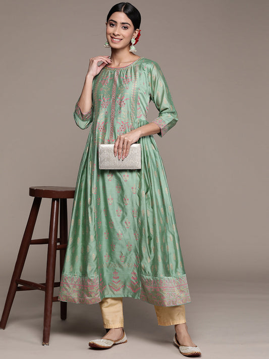 Ishin Women's Silk Blend Mint Green Embellished Anarkali Kurta