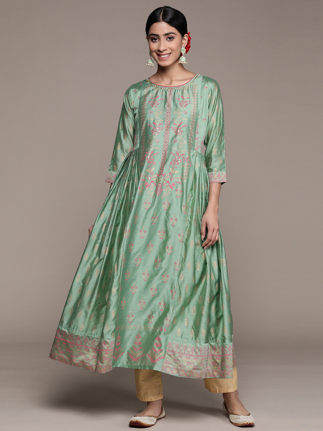 Ishin Women's Silk Blend Mint Green Embellished Anarkali Kurta