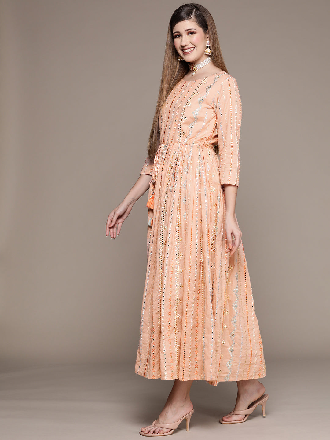 Ishin Women's Peach Embroidered Dress