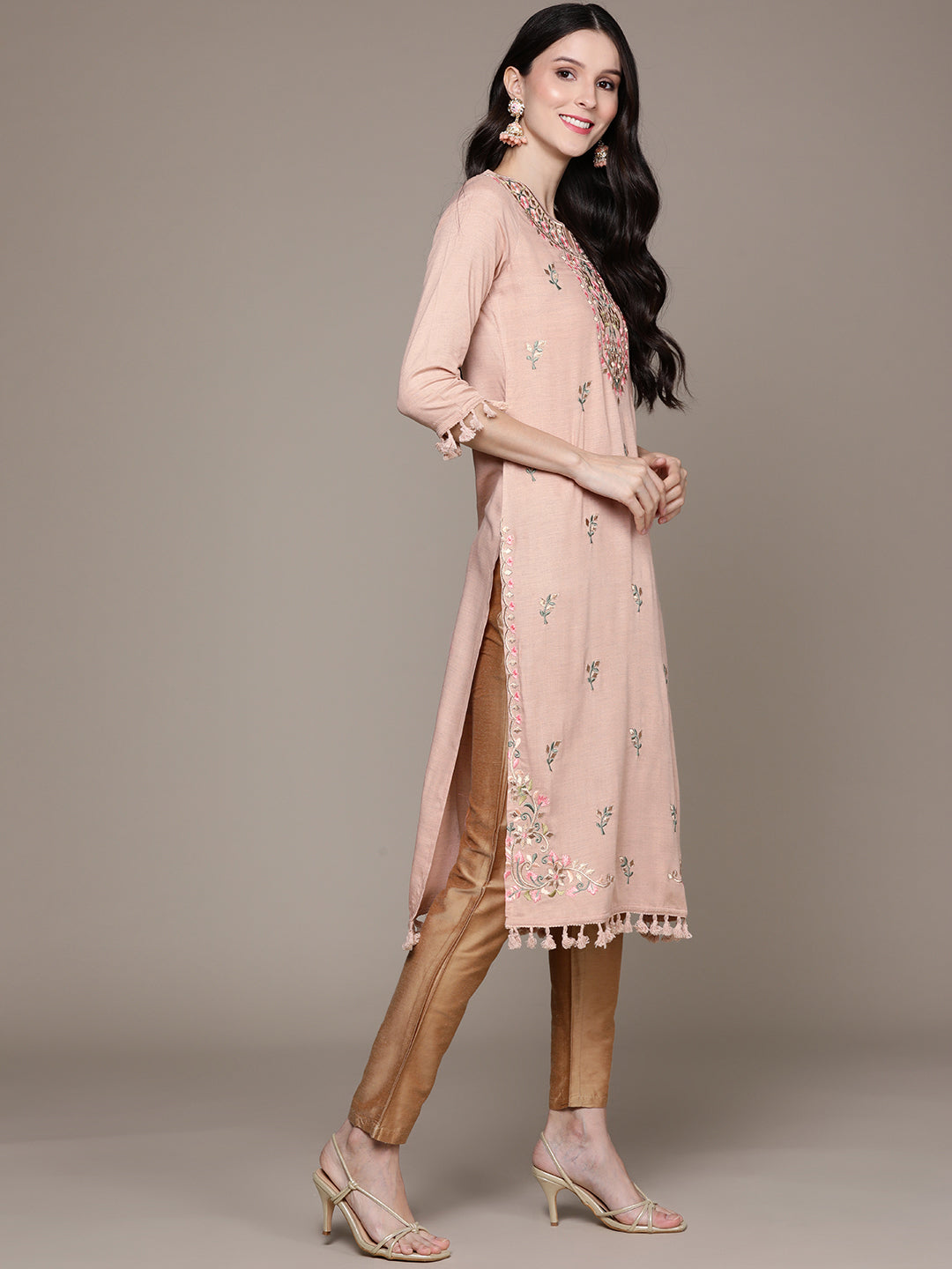 Ishin Women's Peach Embroidered A-Line Kurta