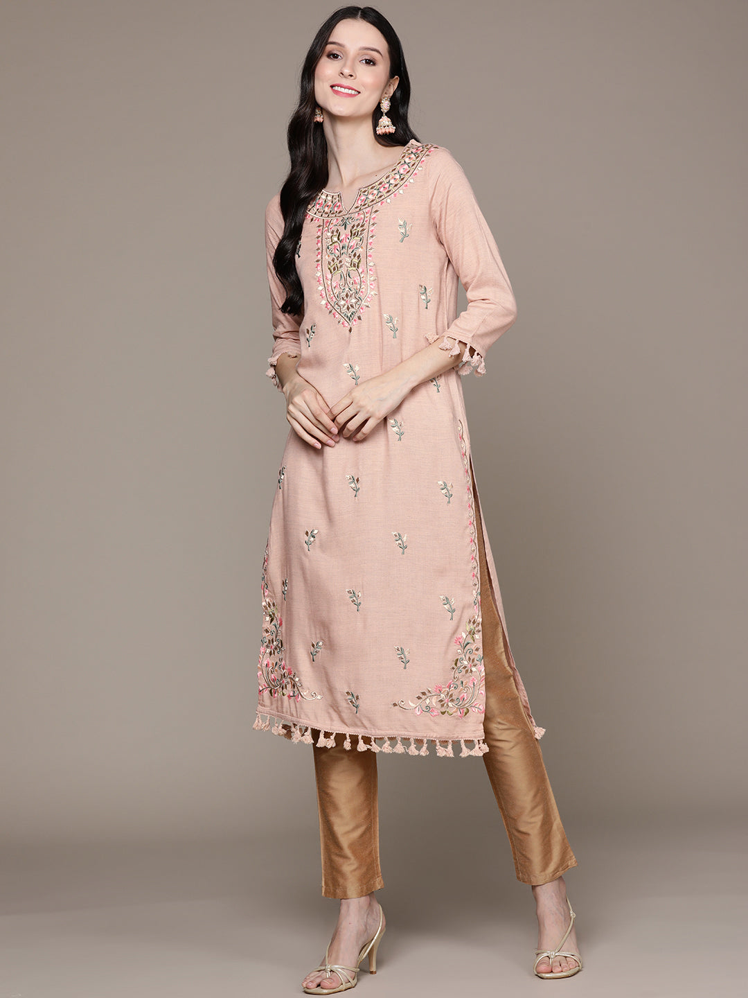 Ishin Women's Peach Embroidered A-Line Kurta