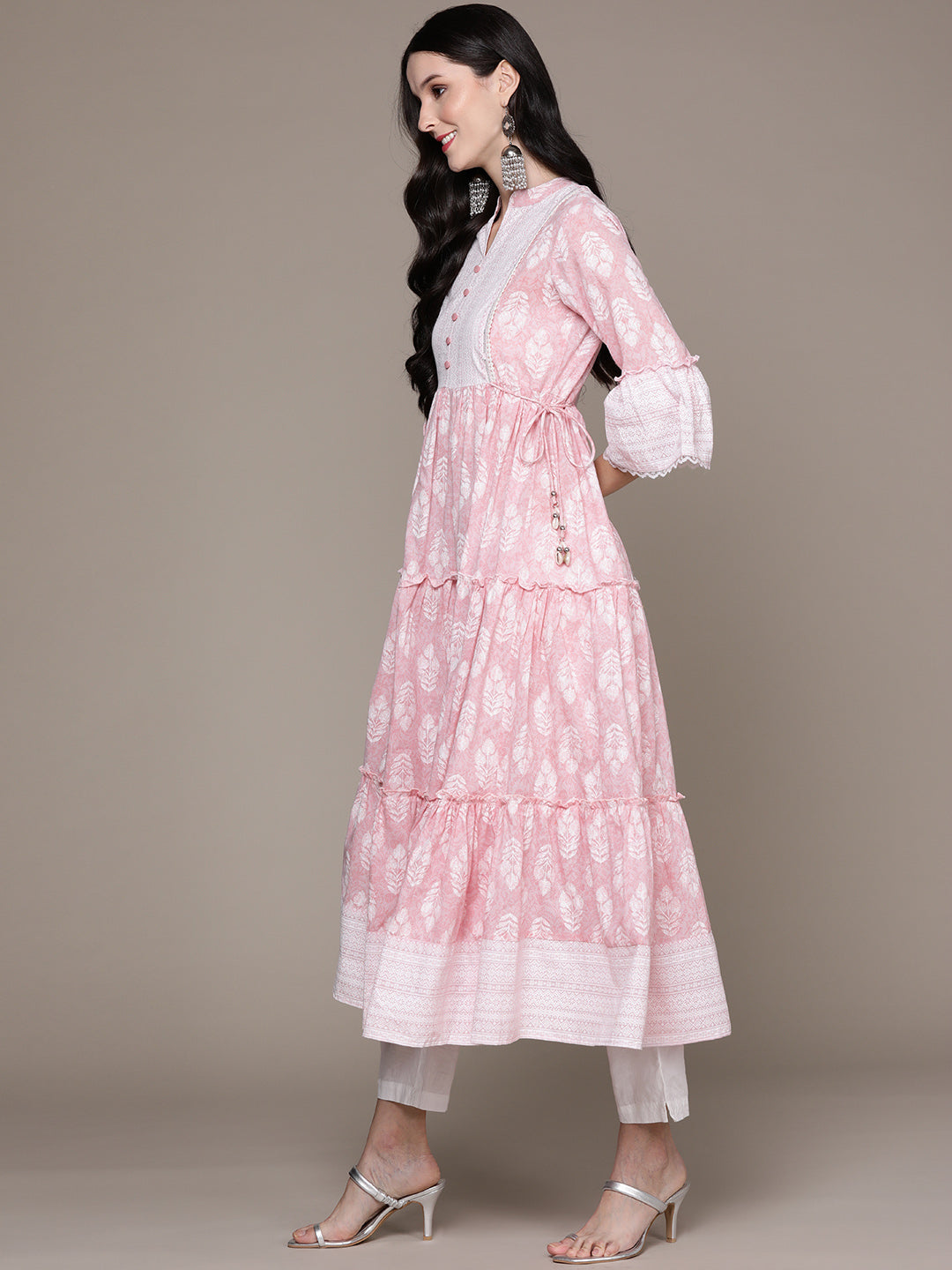 Ishin Women's Pink Embelllished Anarkali Tiered Kurta