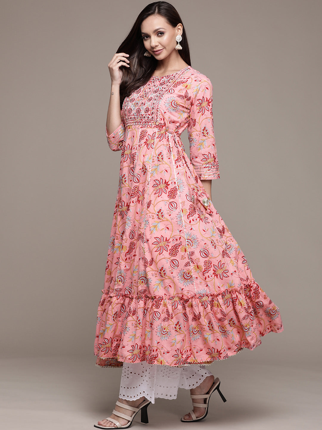 Ishin Women's Pink Embellished Anarkali Kurta