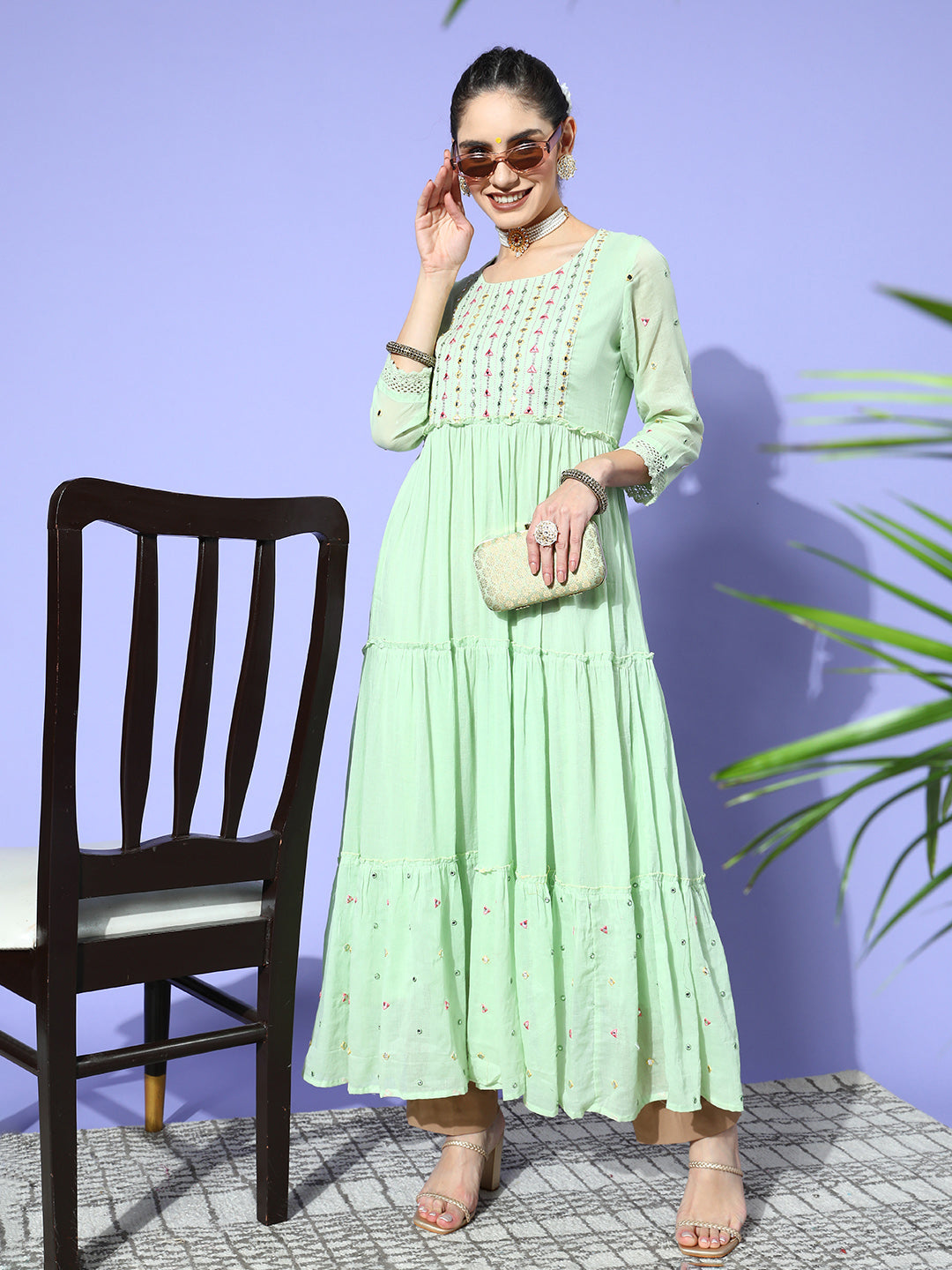 Ishin Women's Green Embellished Anarkali Kurta