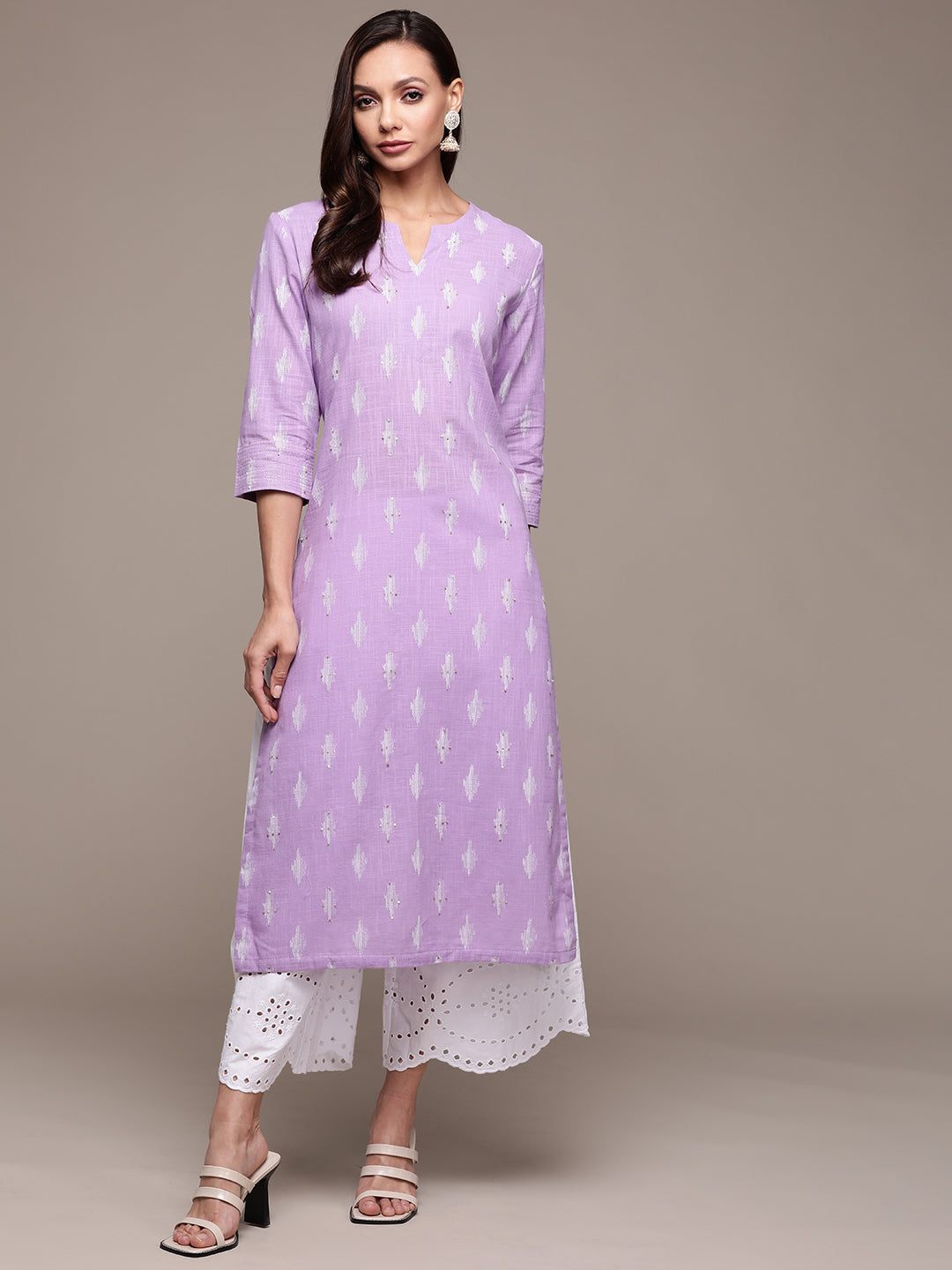 Ishin Women's Cotton Lavender Embellished A-Line Kurta