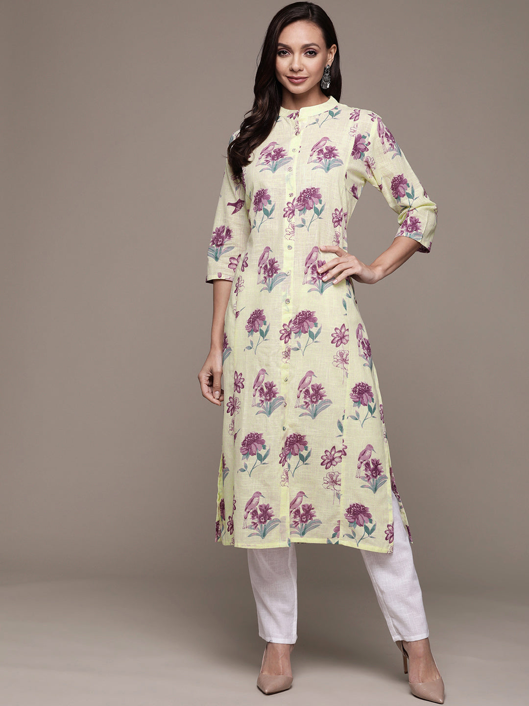 Ishin Women's Cotton Cream Embellished A-Line Kurta