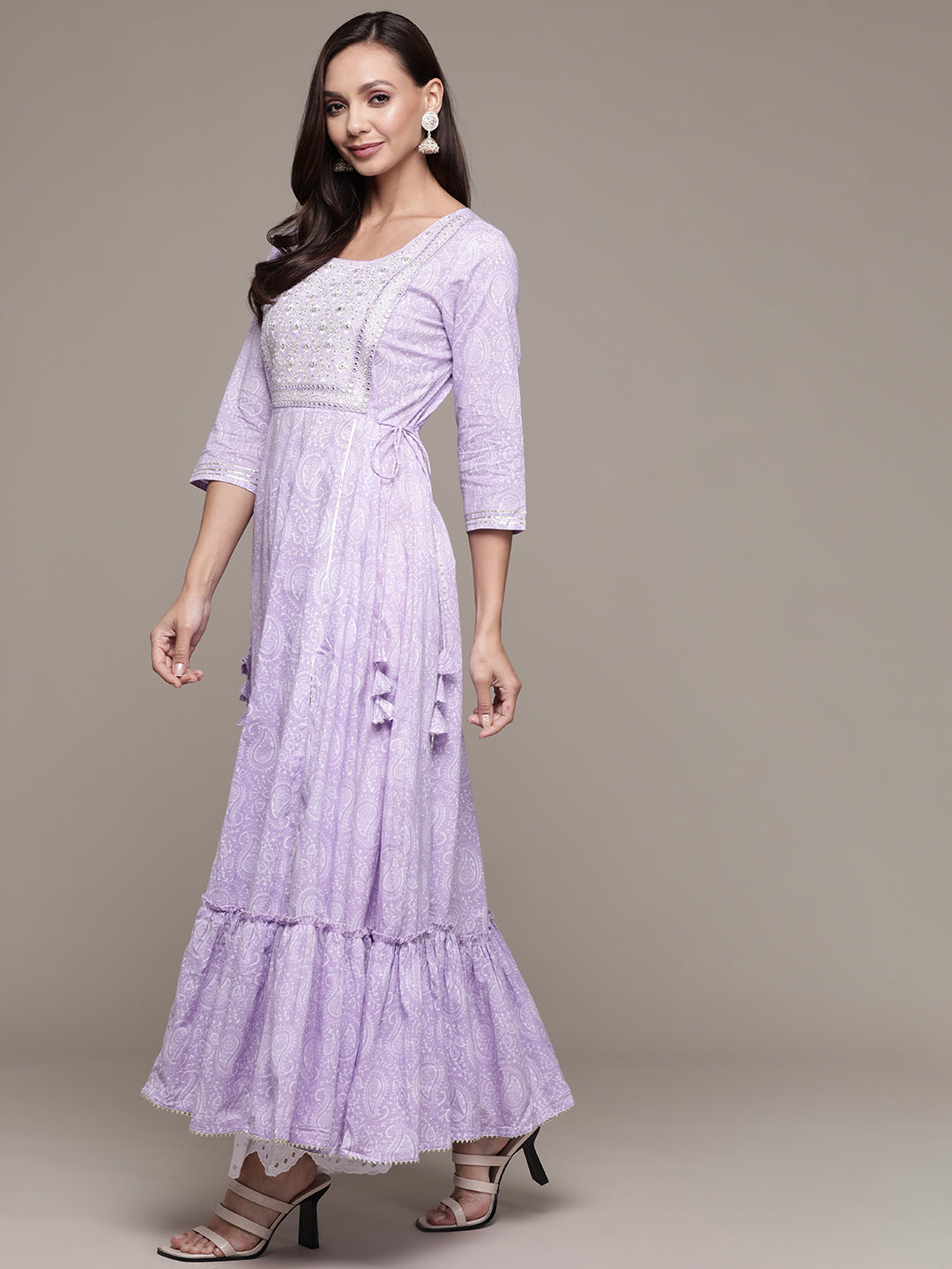 Ishin Women's Cotton Lavender Embroidered Anarkali Kurta