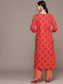 Ishin Women's Cotton Blend Red Bandhani Printed A-Line Kurta