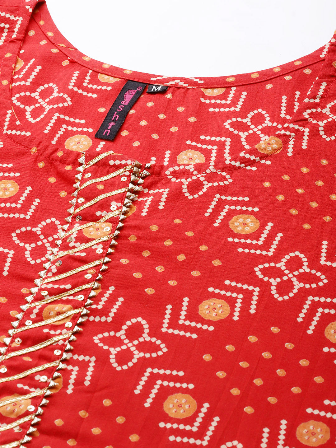 Ishin Women's Cotton Blend Red Bandhani Printed A-Line Kurta