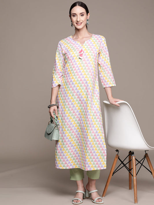 Ishin Women's Cotton Blend Multicolor Printed A-Line Kurta