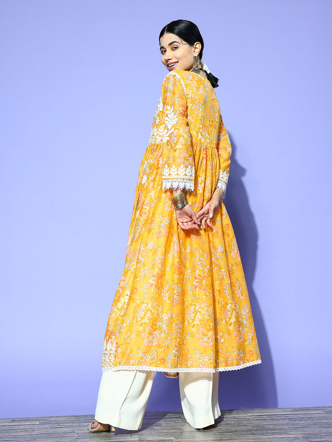 Ishin Women's Mustard Embroidered Pleated Anarkali Kurta