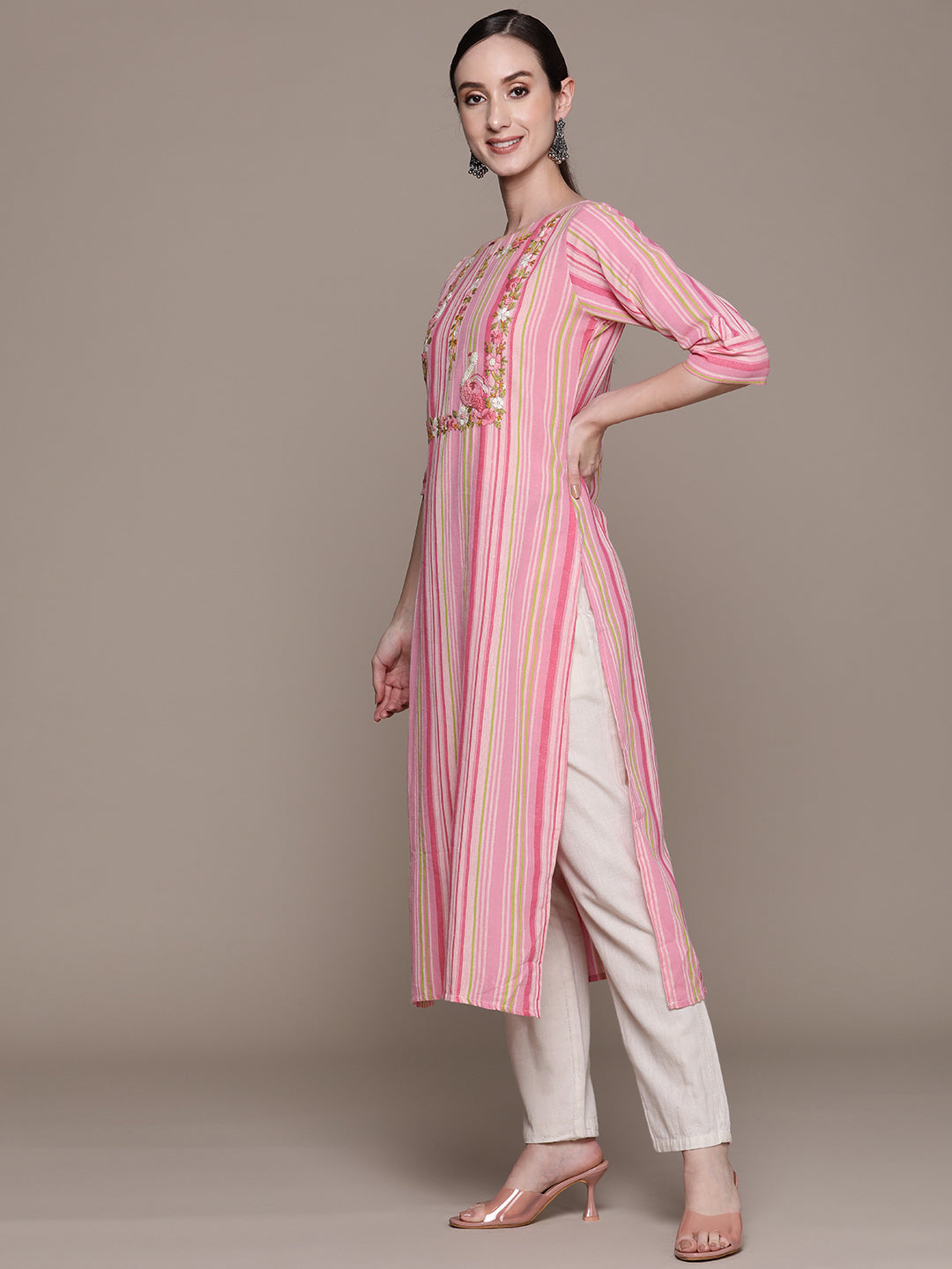 Ishin Women's Pink Embroidered A-Line Kurta