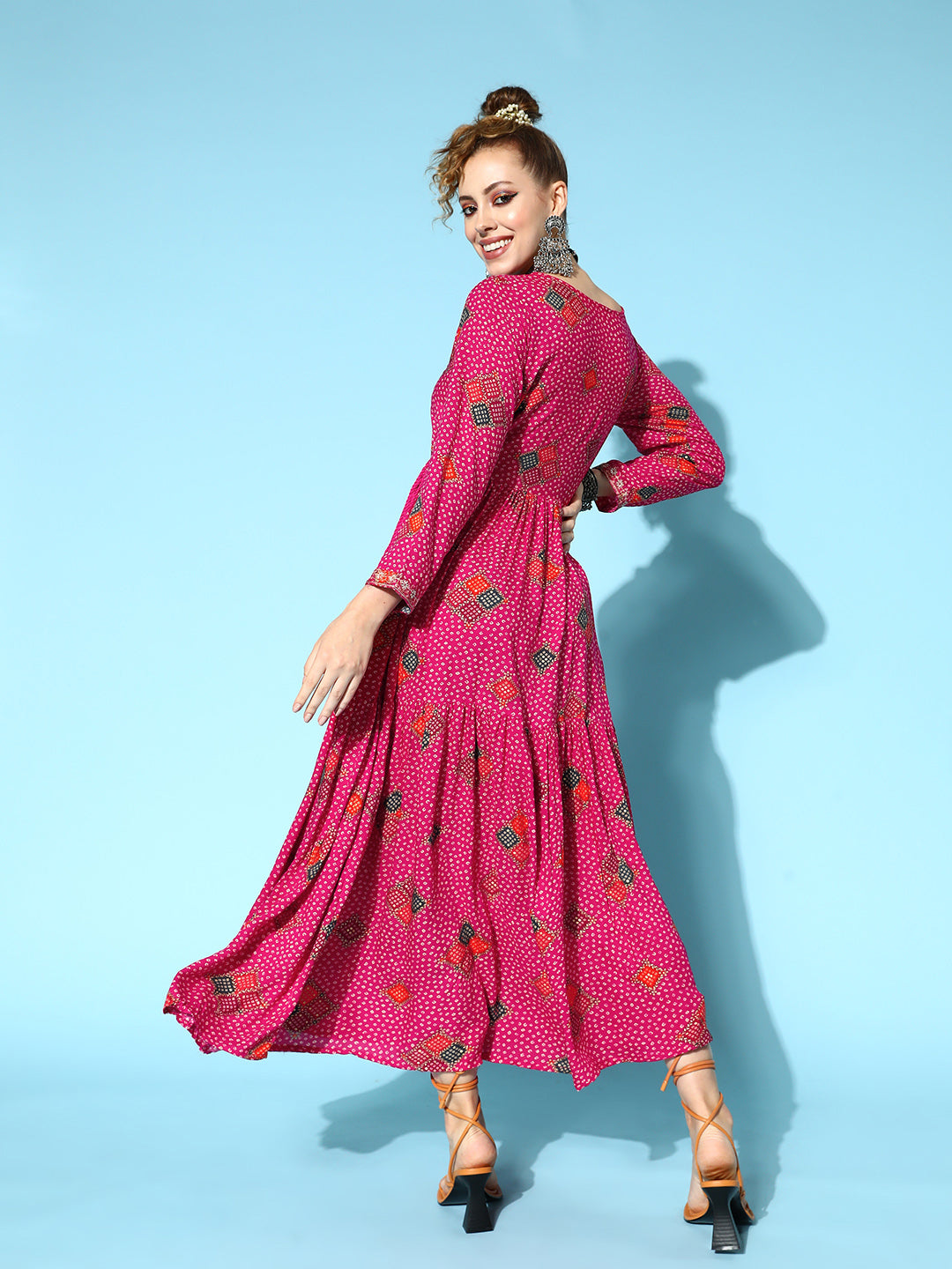 Ishin Women's Rayon Pink Bandhani Print Embroidered Anarkali Kurta