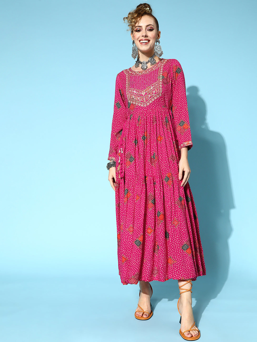 Ishin Women's Rayon Pink Bandhani Print Embroidered Anarkali Kurta