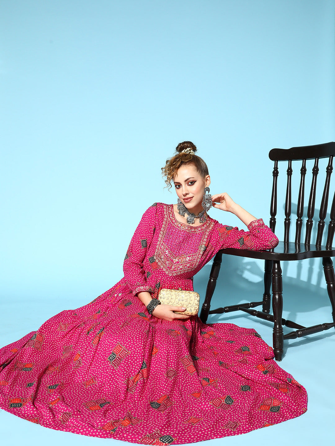 Ishin Women's Rayon Pink Bandhani Print Embroidered Anarkali Kurta