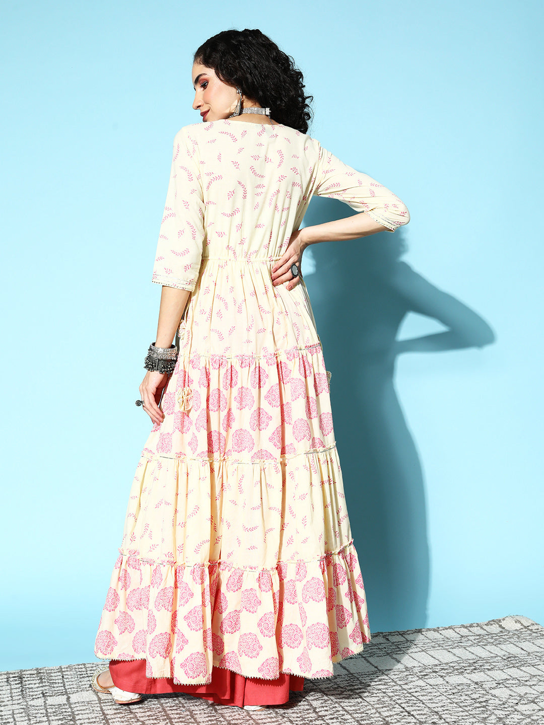 Ishin Women's Cotton Off White Embroidered Anarkali Kurta