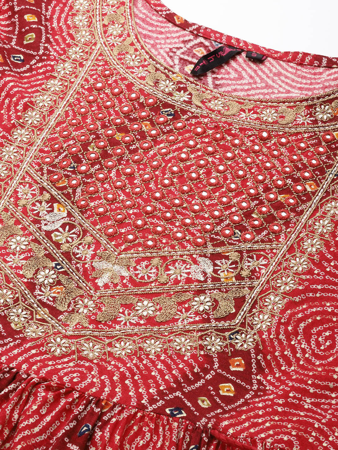Ishin Women's Rayon Red Bandhani Print Embroidered Anarkali Kurta