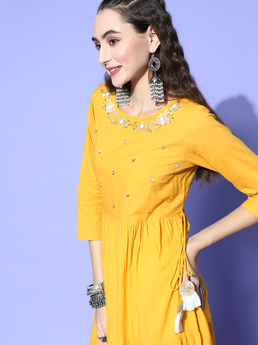 Buy Sunehri Women's Cotton Mustard Yellow Embroidered Anarkali Dress Buy Sunehri Women's Cotton Mustard Yellow Embroidered Anarkali Dress
