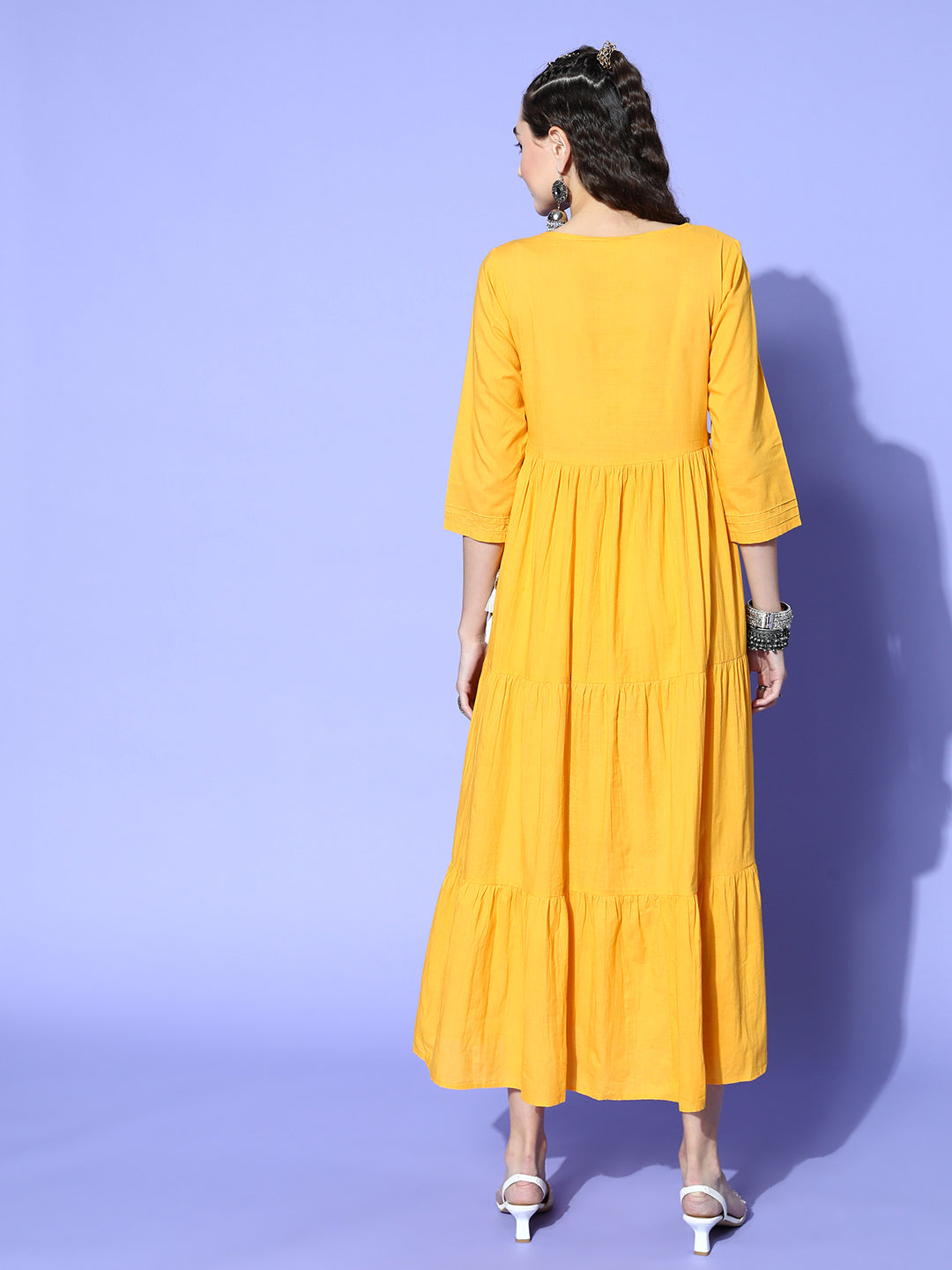 Sunehri Women's Cotton Mustard Yellow Embroidered Anarkali Dress
