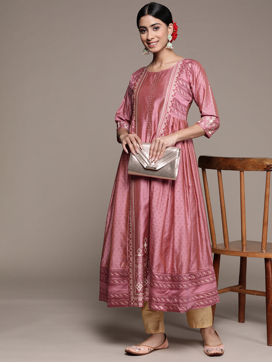 Ishin Women's Silk Blend Peach Embellished Anarkali Kurta