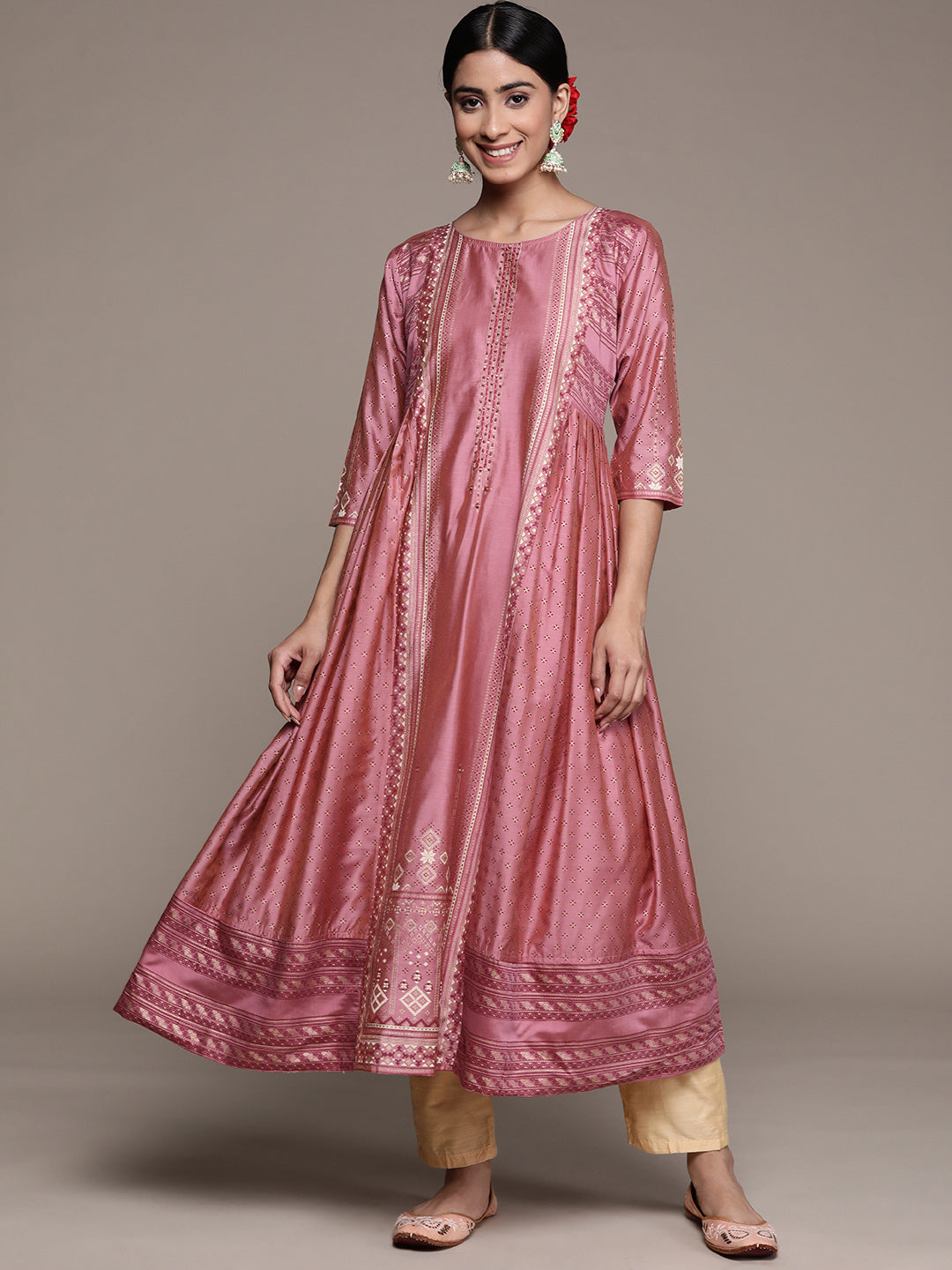Ishin Women's Silk Blend Peach Embellished Anarkali Kurta
