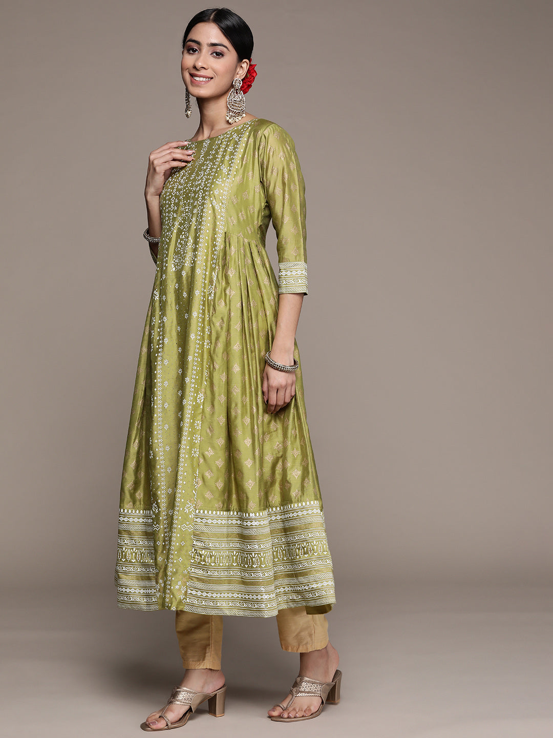Ishin Women's Silk Blend Green Embellished Anarkali Kurta