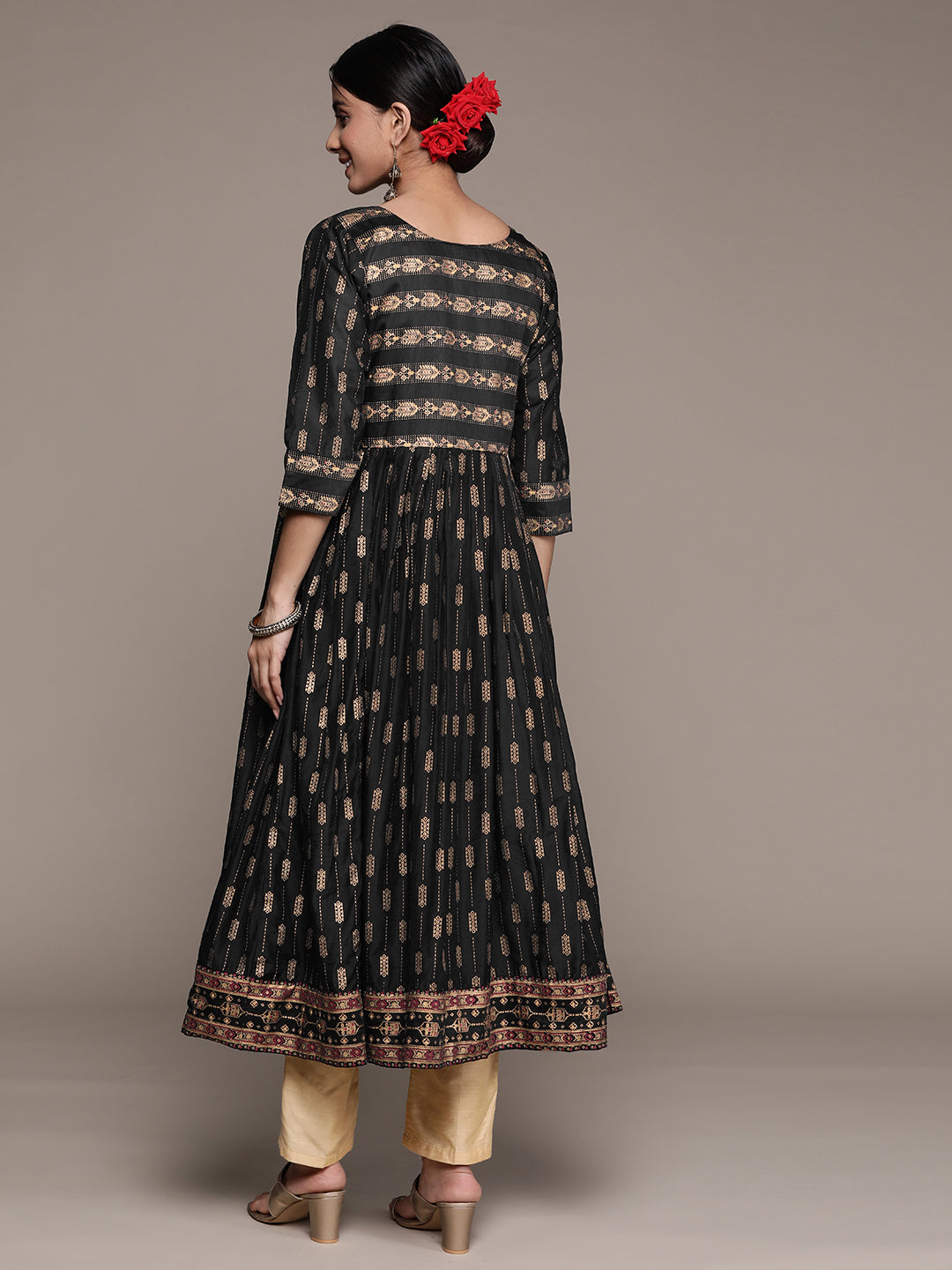 Ishin Women's Silk Blend Black Embellished Anarkali Kurta