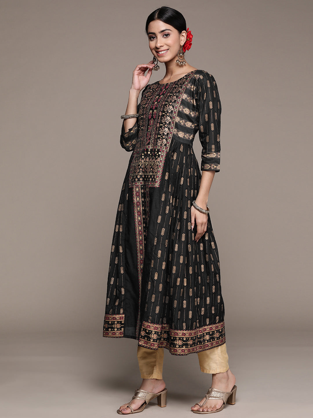 Ishin Women's Silk Blend Black Embellished Anarkali Kurta