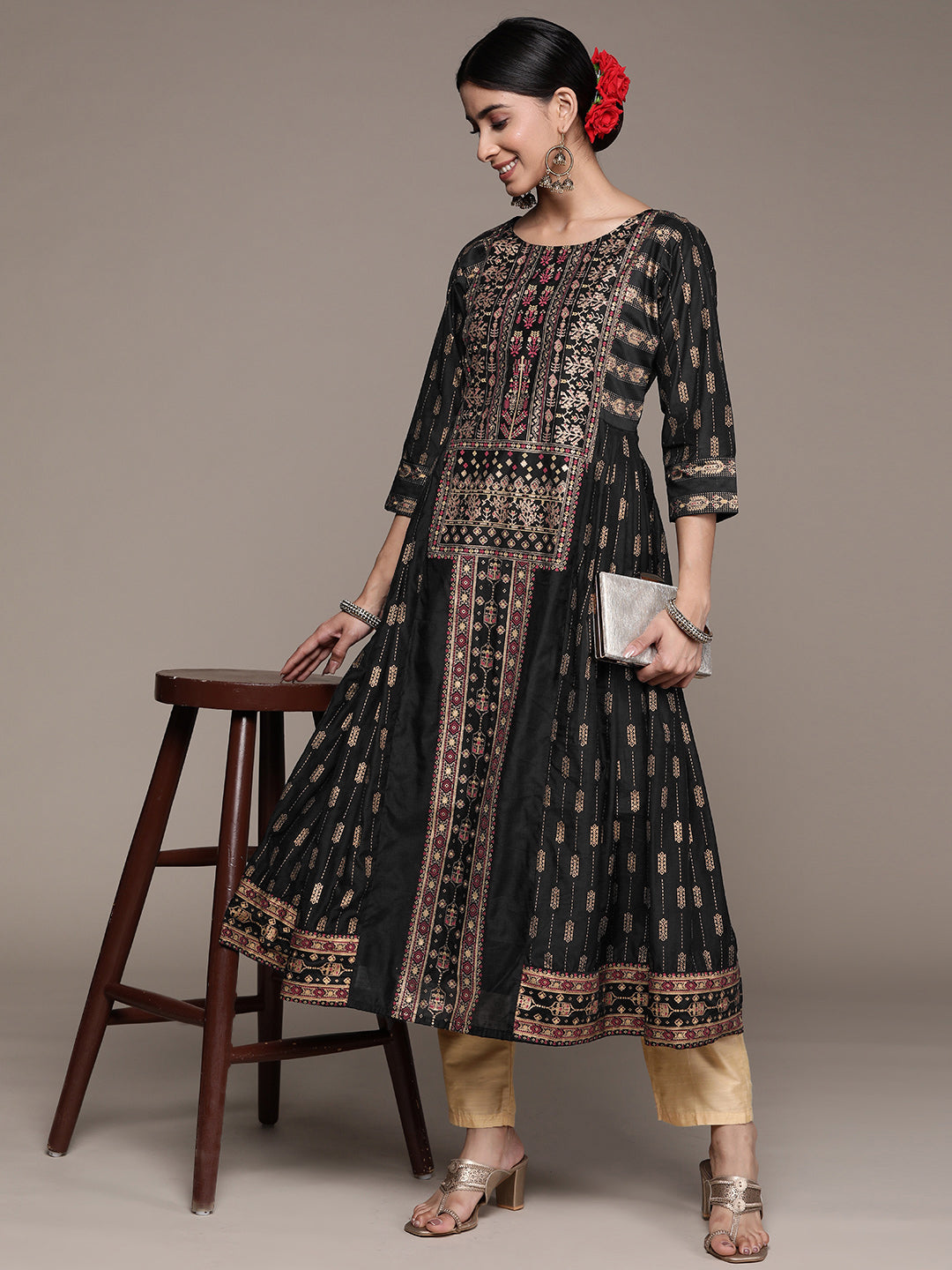 Ishin Women's Silk Blend Black Embellished Anarkali Kurta