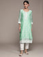 Ishin Women's Cotton Silk Sea Green Embroidered A-Line Kurta