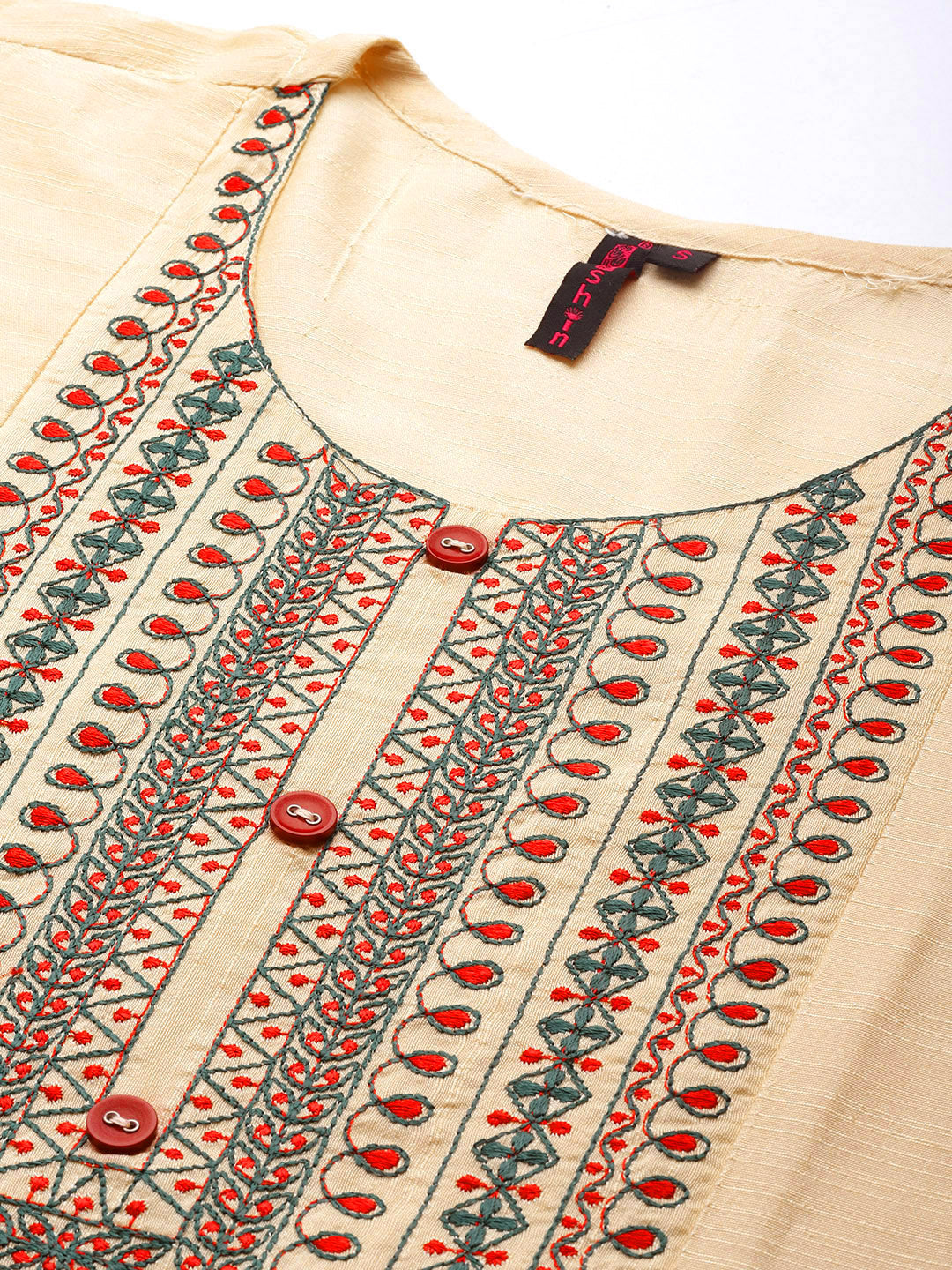 Ishin Women's Cotton Silk Cream Embroidered A-Line Kurta